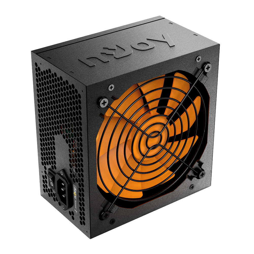 Alimentatore per PC nero con ventola arancione, griglia nera e logo njoy.