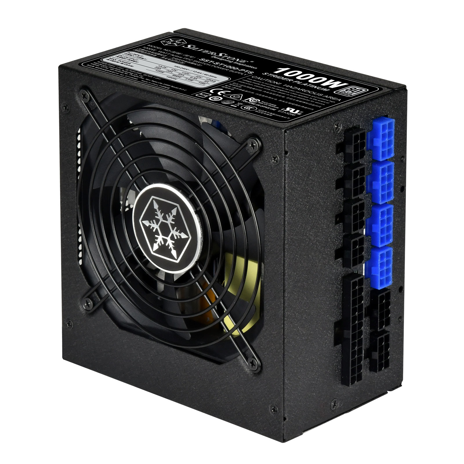 Alimentatore nero con ventola e griglia nere. Lato con connettori blu. Logo SilverStone visibile.