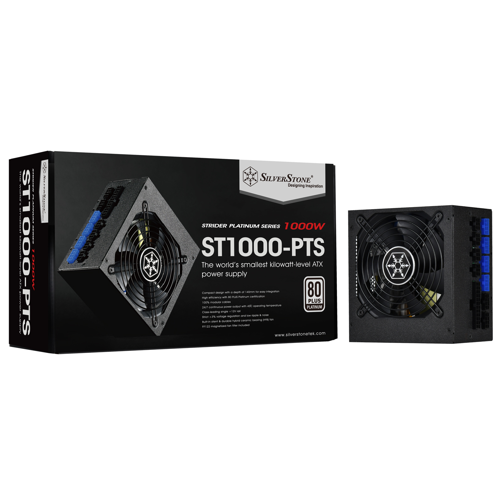 Alimentatore nero e la sua scatola, sfondo bianco, con logo e testo Silverstone.