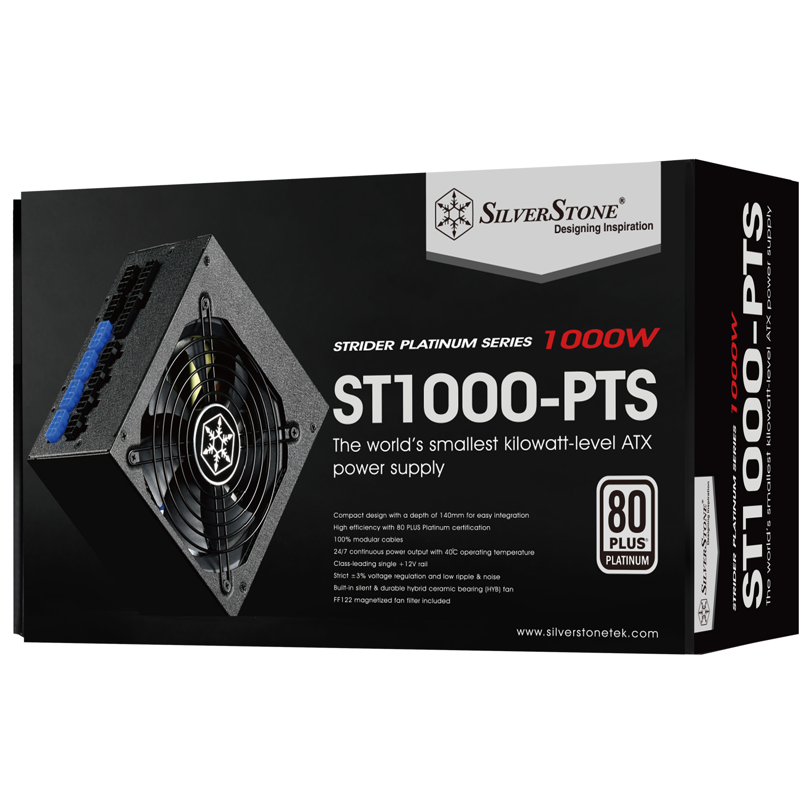 Scatola nera e grigia con alimentatore, sfondo bianco, marchio Silverstone visibile.