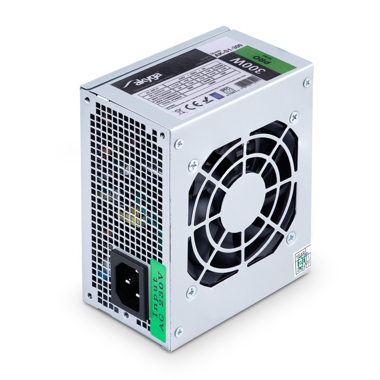 Bloc d'alimentation Akyga AK-S1-300 PRO, argenté avec ventilateur, étiquette verte, fond blanc.