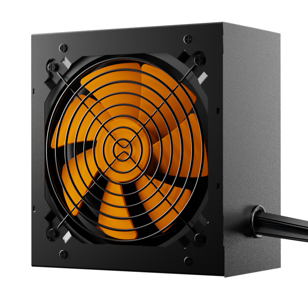 Alimentatore nero con pale della ventola arancioni visibili attraverso la griglia.