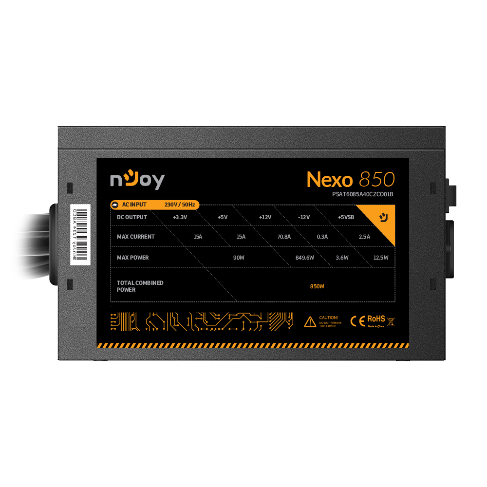 Alimentatore nero con testo Nexo 850 e logo nJoy, con dati sull'uscita di alimentazione.