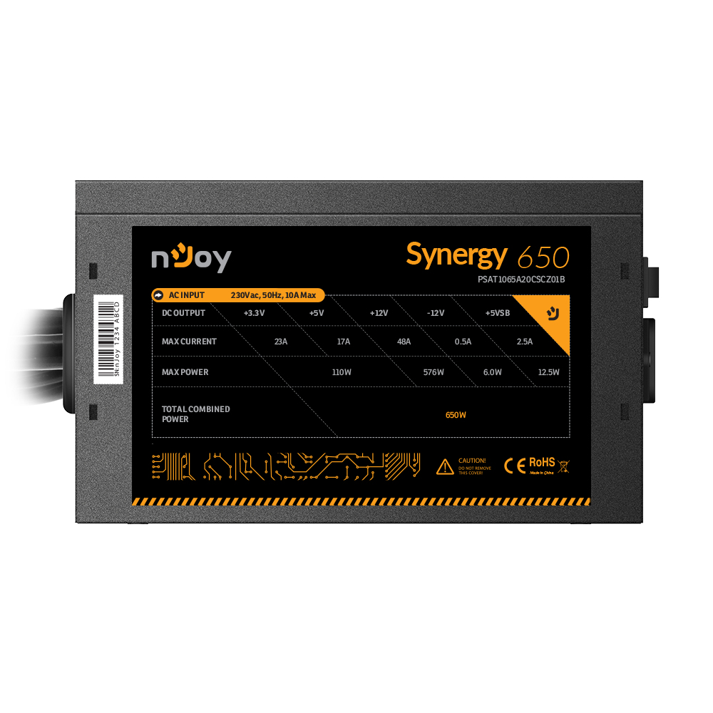 Alimentatore Njoy Synergy 650 con specifiche tecniche. Design nero e giallo.