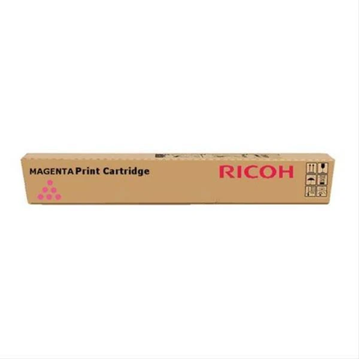 Scatola marrone con cartuccia magenta e logo RICOH. Testo: MAGENTA Print Cartridge.