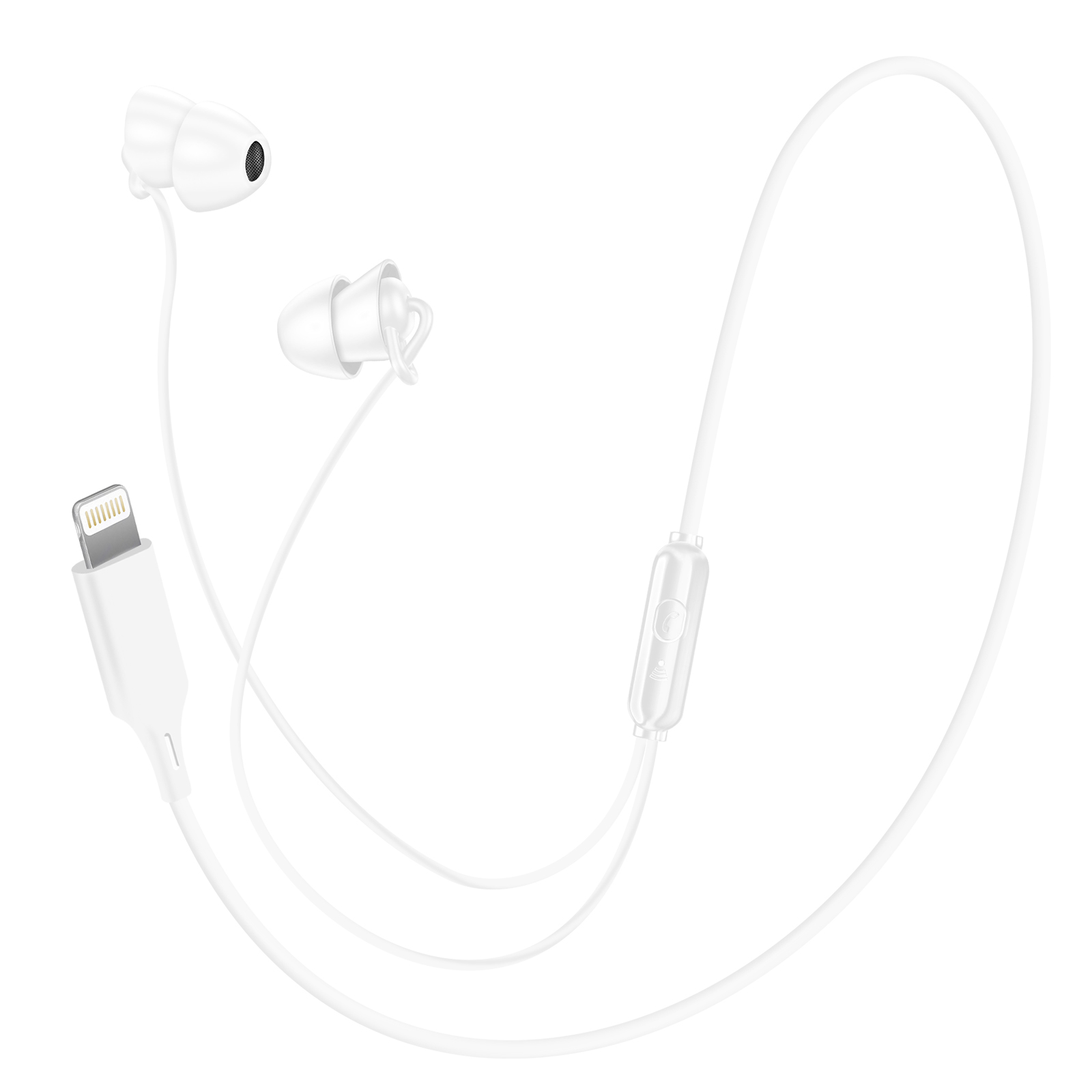 Auricolari bianchi con connettore Lightning e pannello di controllo, tutto su un cavo bianco.
