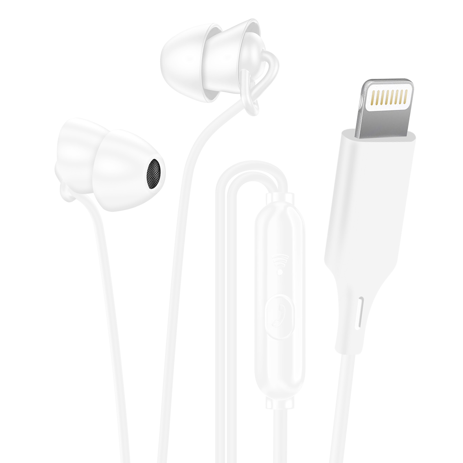Auricolari bianchi con connettore Lightning. Il cavo ha un pulsante di controllo.