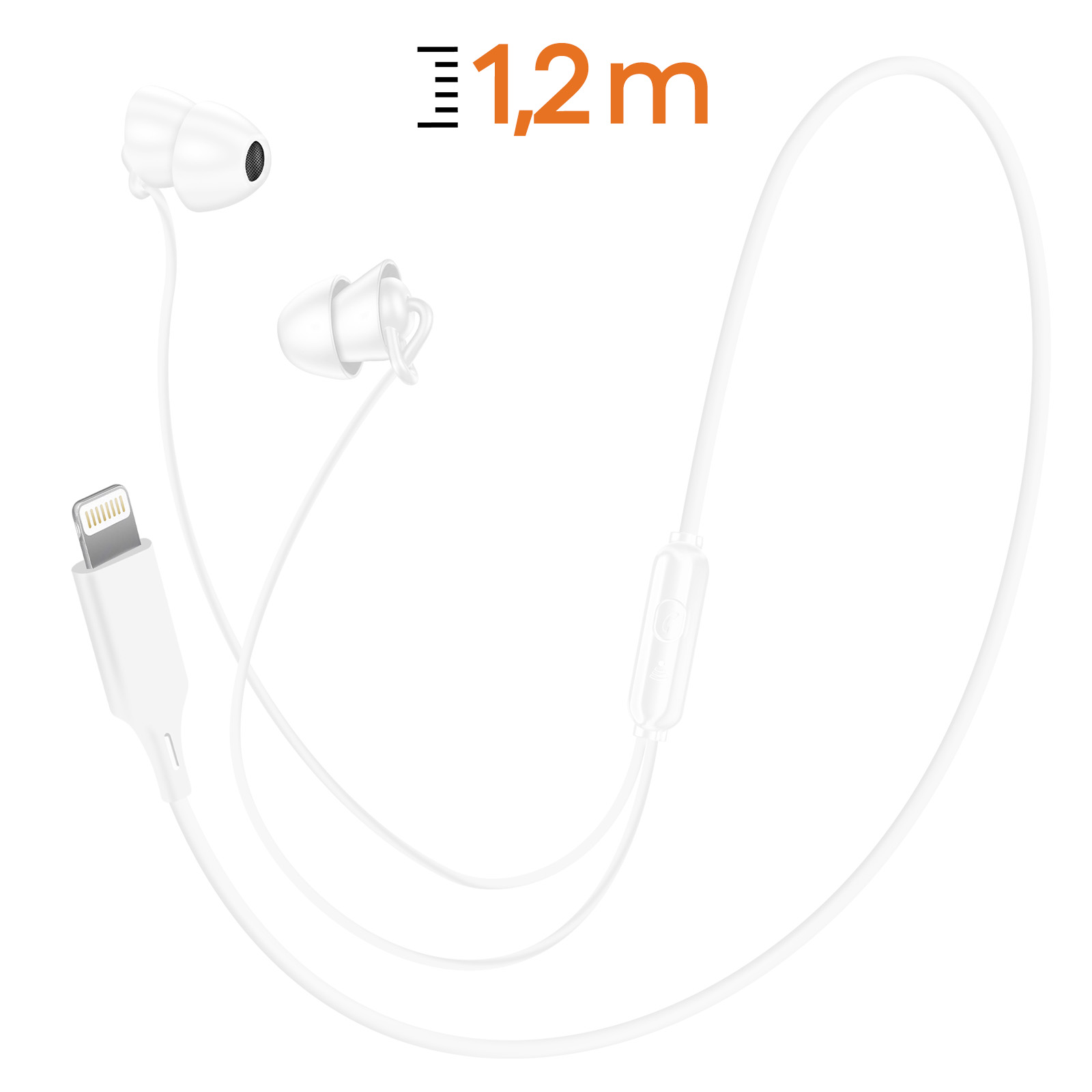 Auricolari bianchi con cavo bianco e connettore Lightning. Il cavo misura 1,2 m.