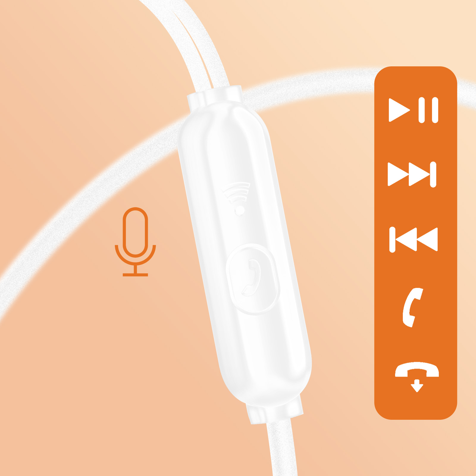 Pannello di controllo bianco con icona microfono, icona telefono e pulsanti di riproduzione.