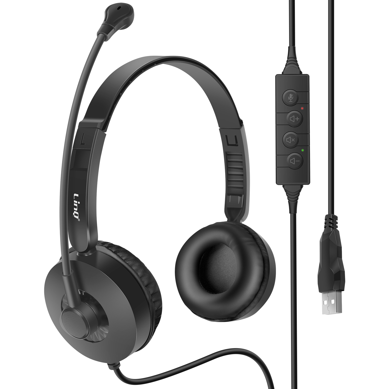 Casque noir avec microphone, connecteur USB et panneau de contrôle sur le câble.