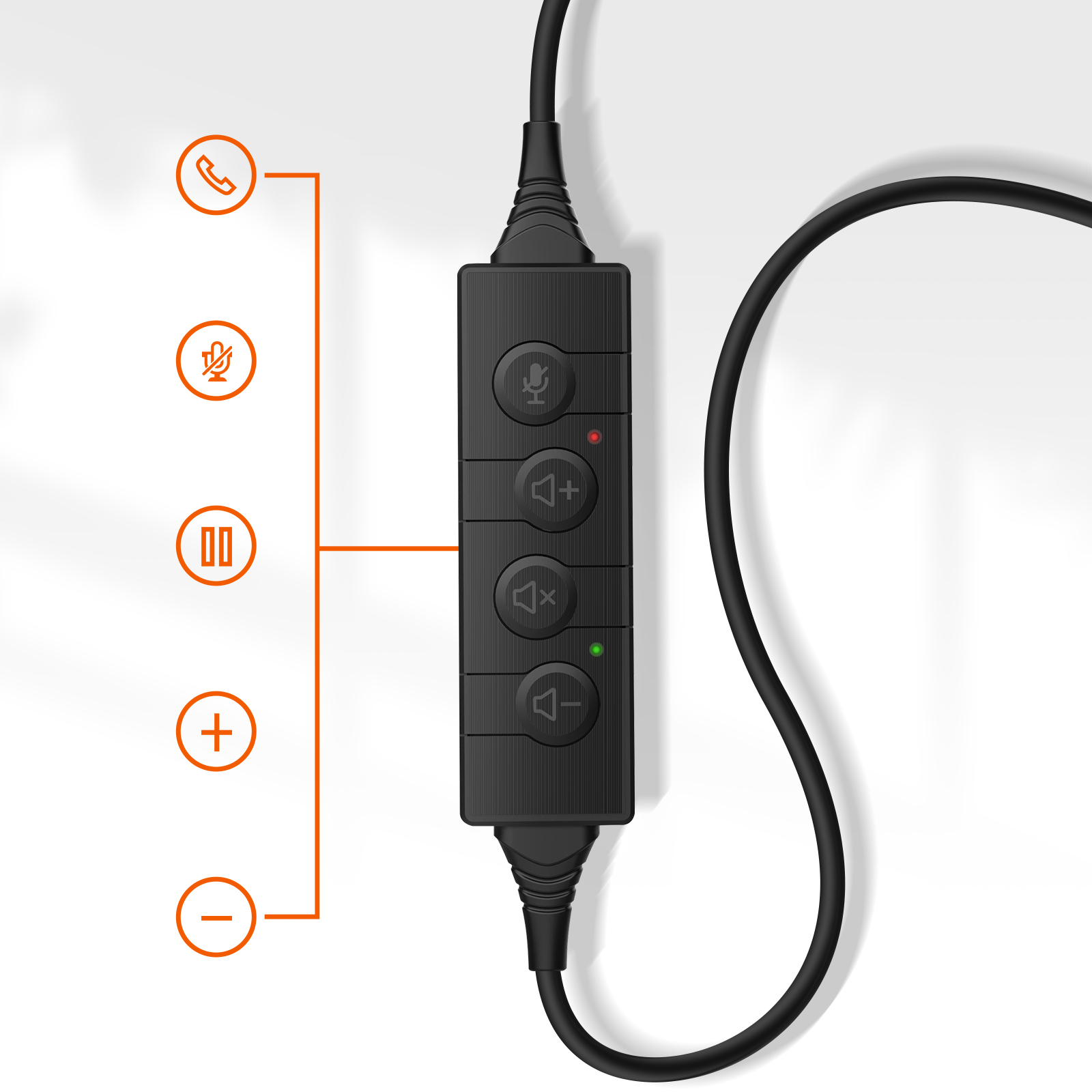 Contrôle d'écouteurs noir avec boutons et symboles sur fond blanc.