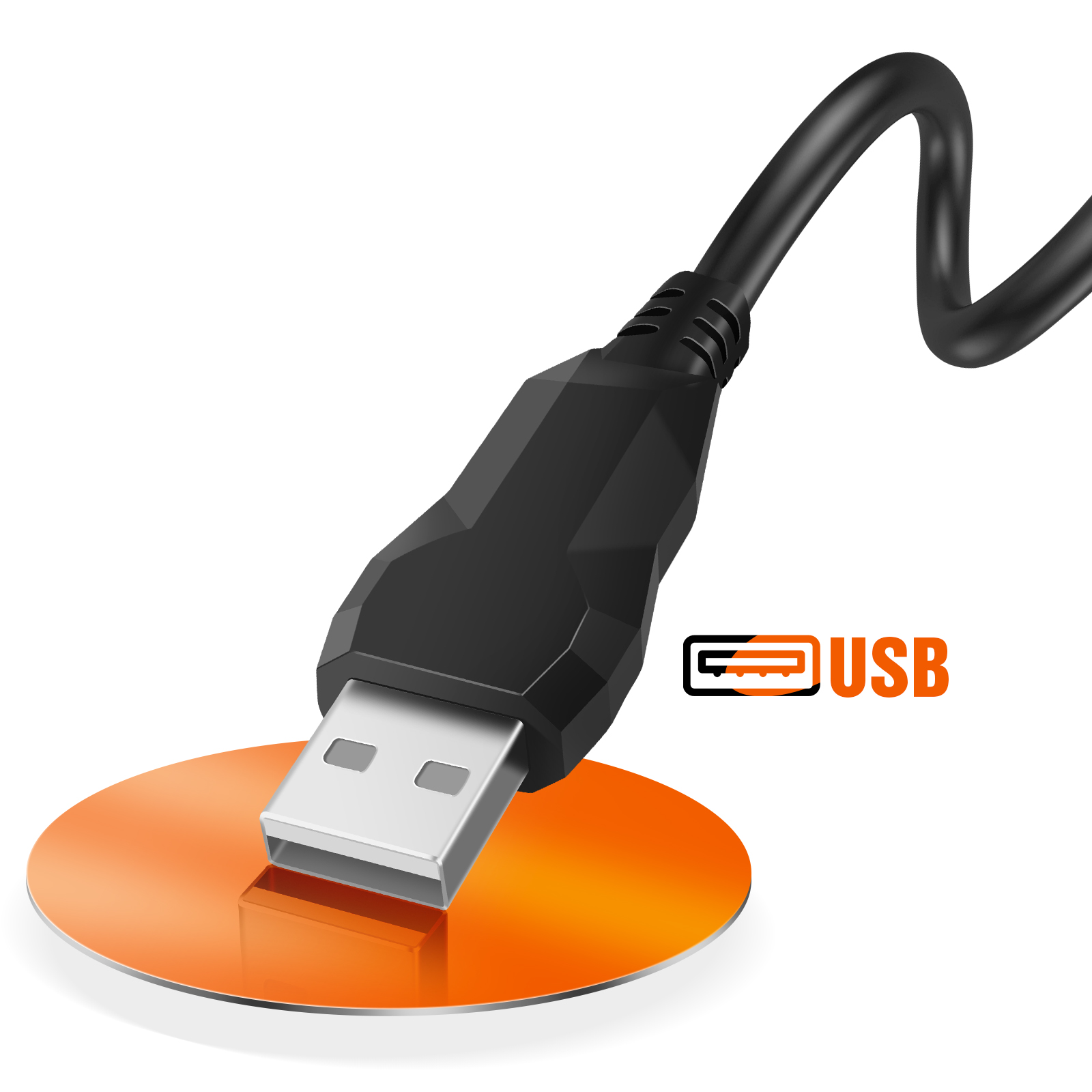 Connecteur USB noir avec pointe métallique argentée. Un cercle orange vif en dessous.