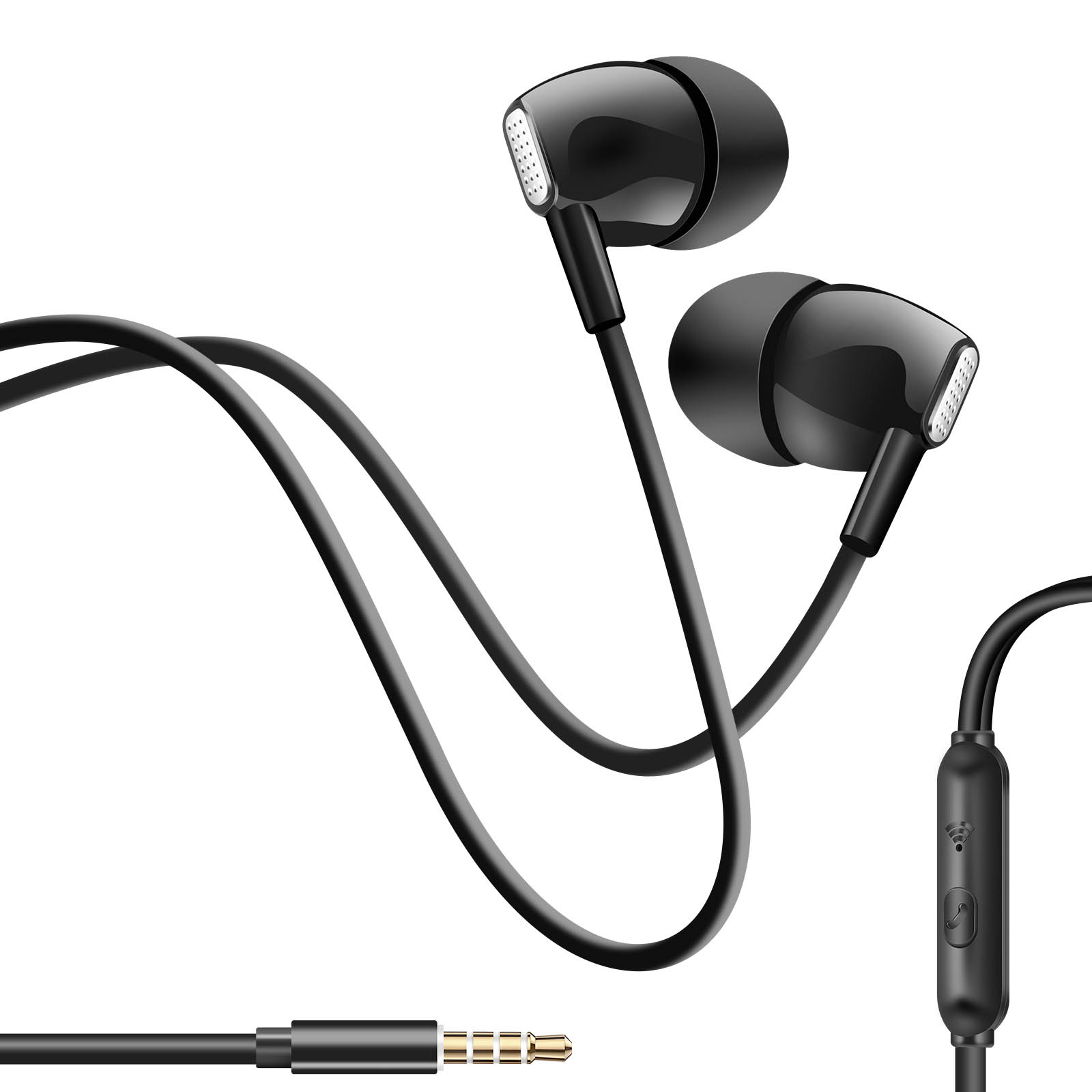 Auriculares negros con conector dorado y panel de control, todo negro.