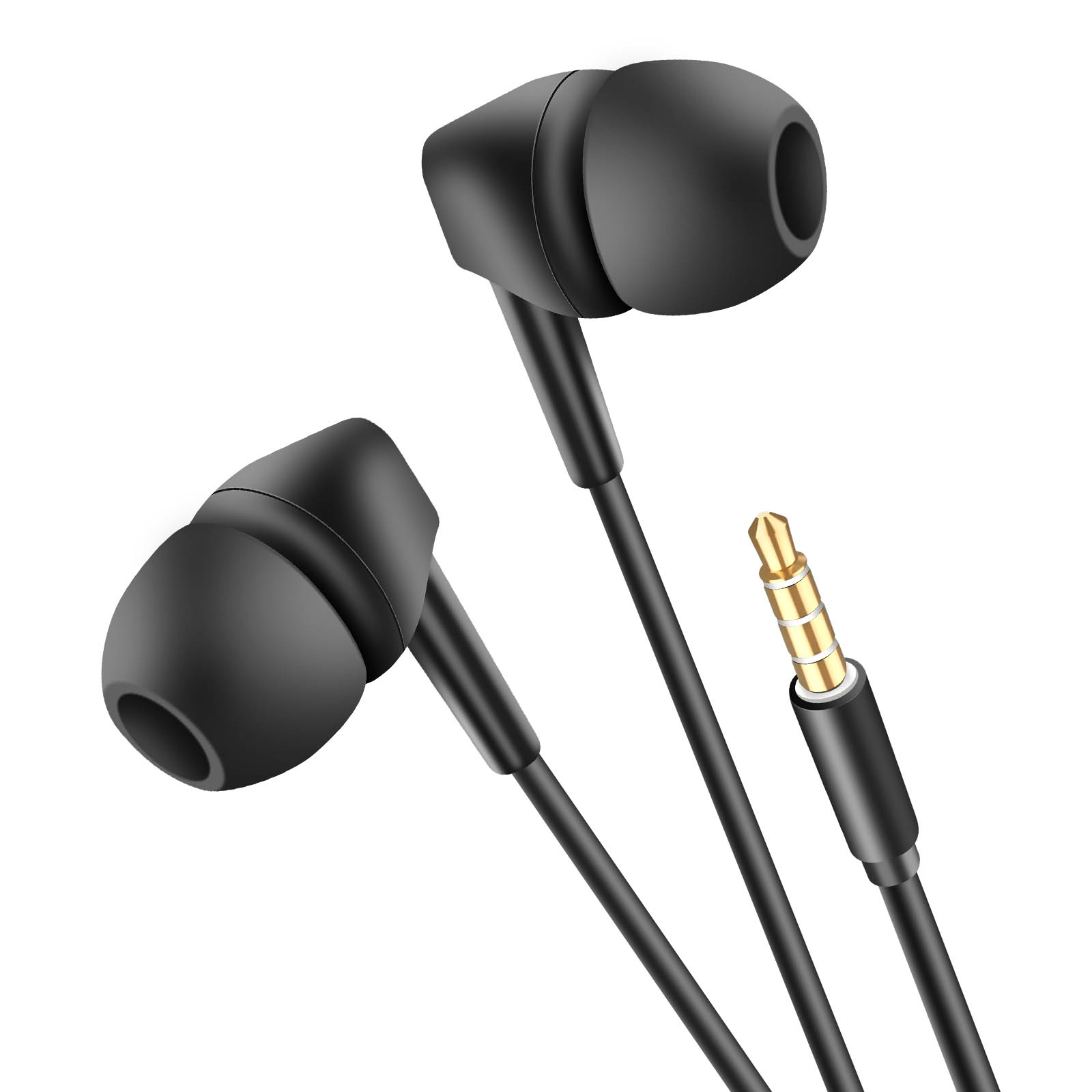 Auriculares negros con conector jack dorado en cable negro, fondo blanco aislado.