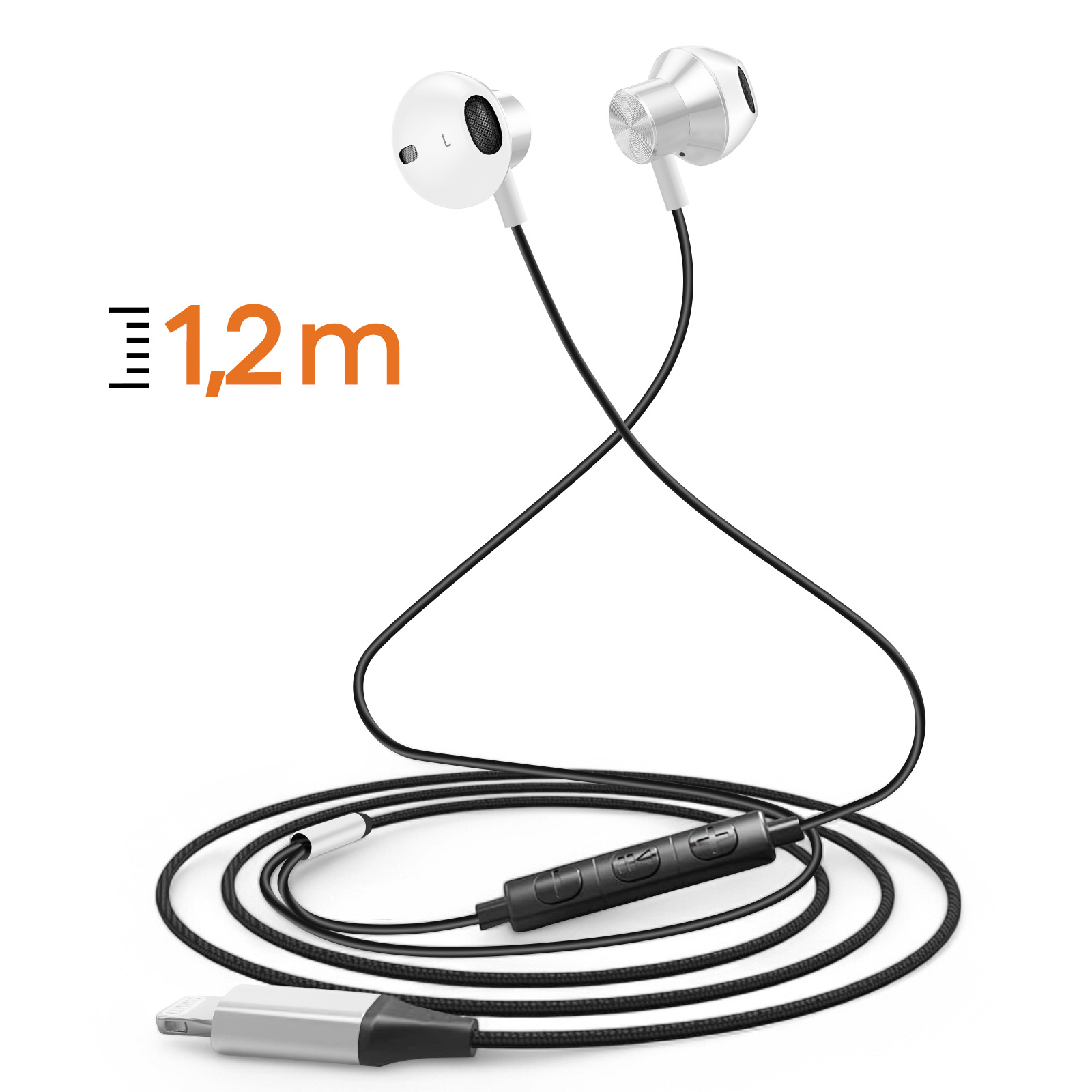 Weiße und silberne Kopfhörer mit USB-C-Anschluss, Kabel und Text '1,2m' auf Weiß.