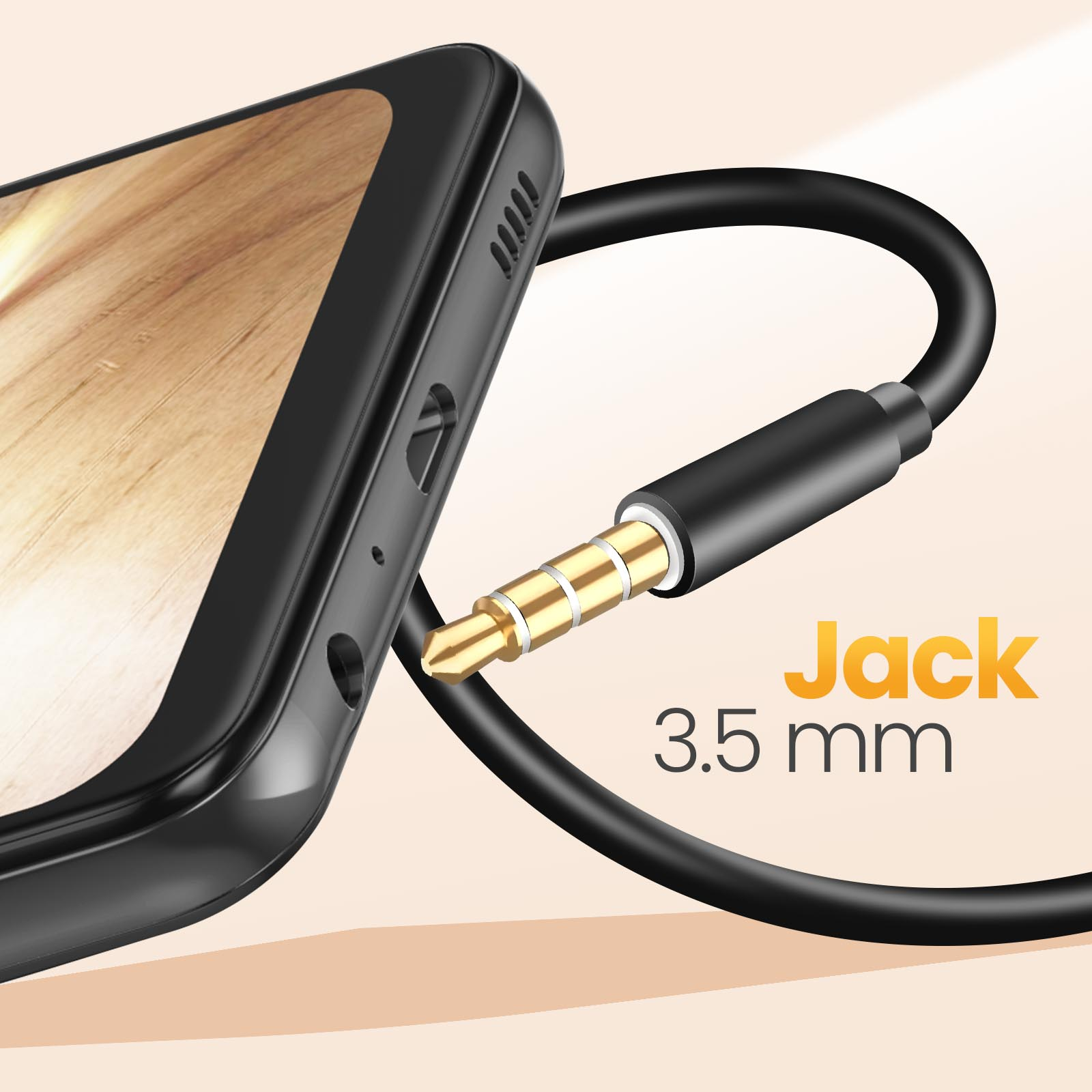Smartphone con jack de 3,5 mm y cable negro. Texto: 'Jack 3.5 mm'.