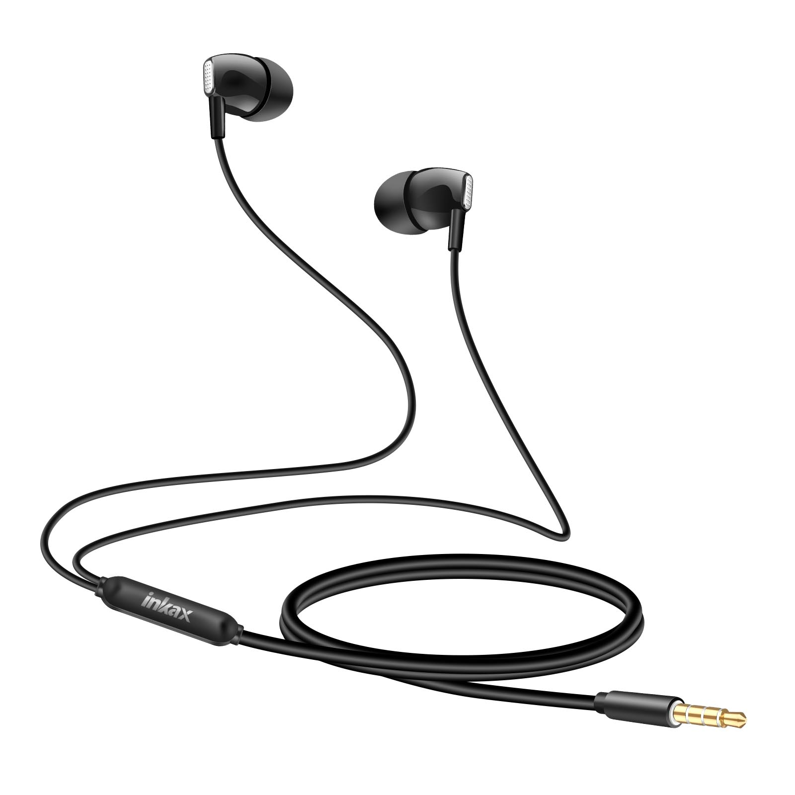 Auriculares negros con conector jack y control, sobre fondo blanco.