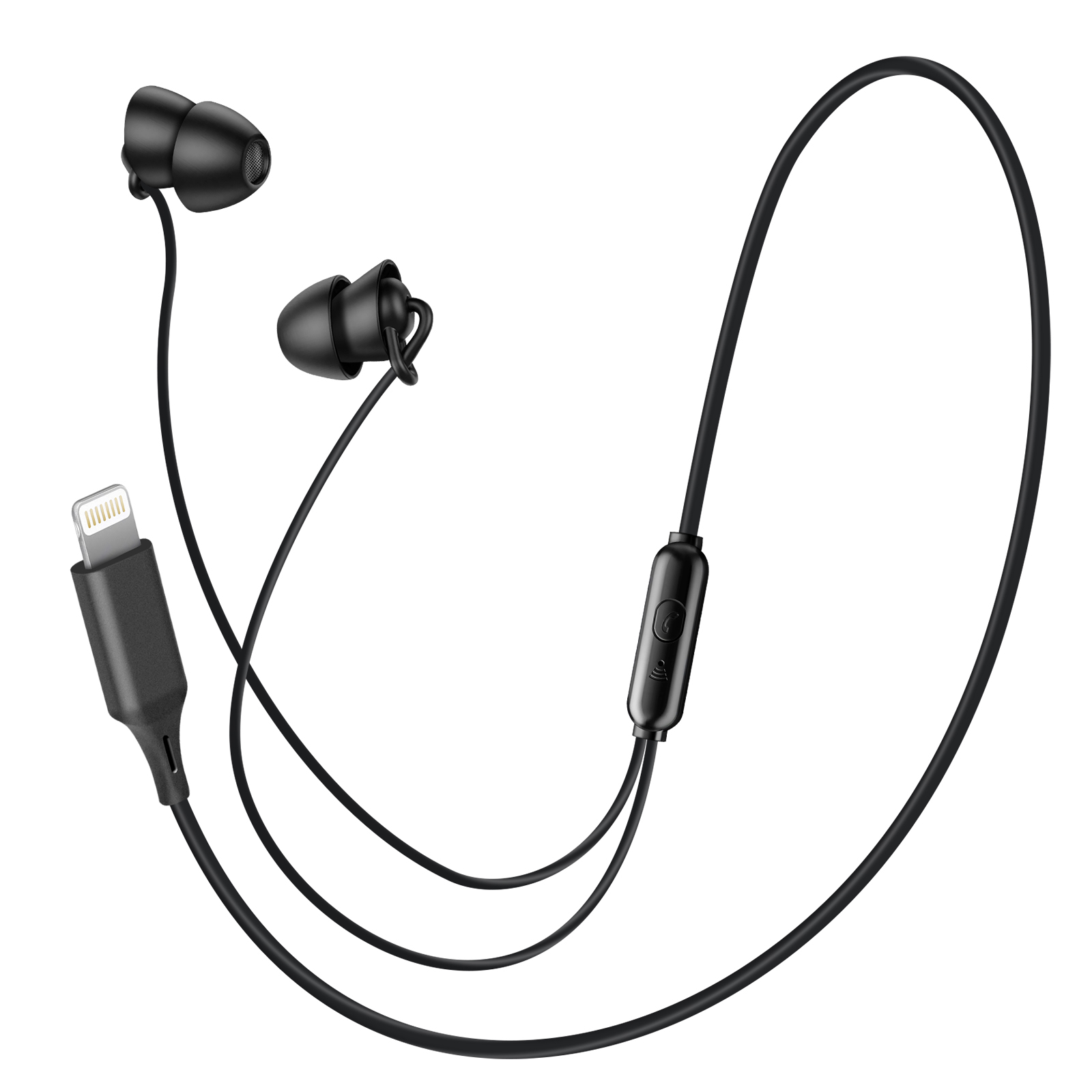 Auricolari neri con cavo nero e connettore lightning. Isolati su bianco.