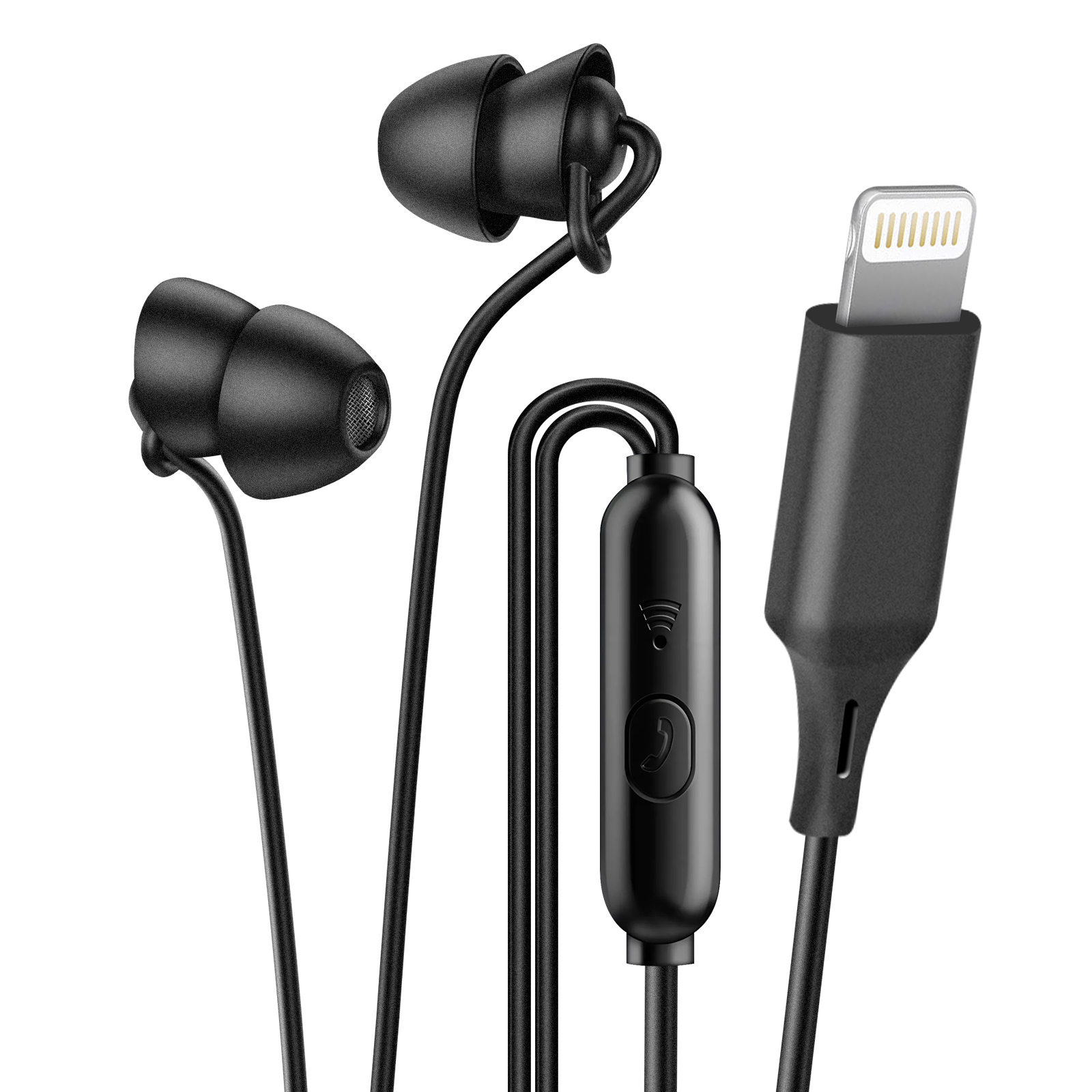Auricolari neri con connettore Lightning e pannello di controllo, tutto nero.