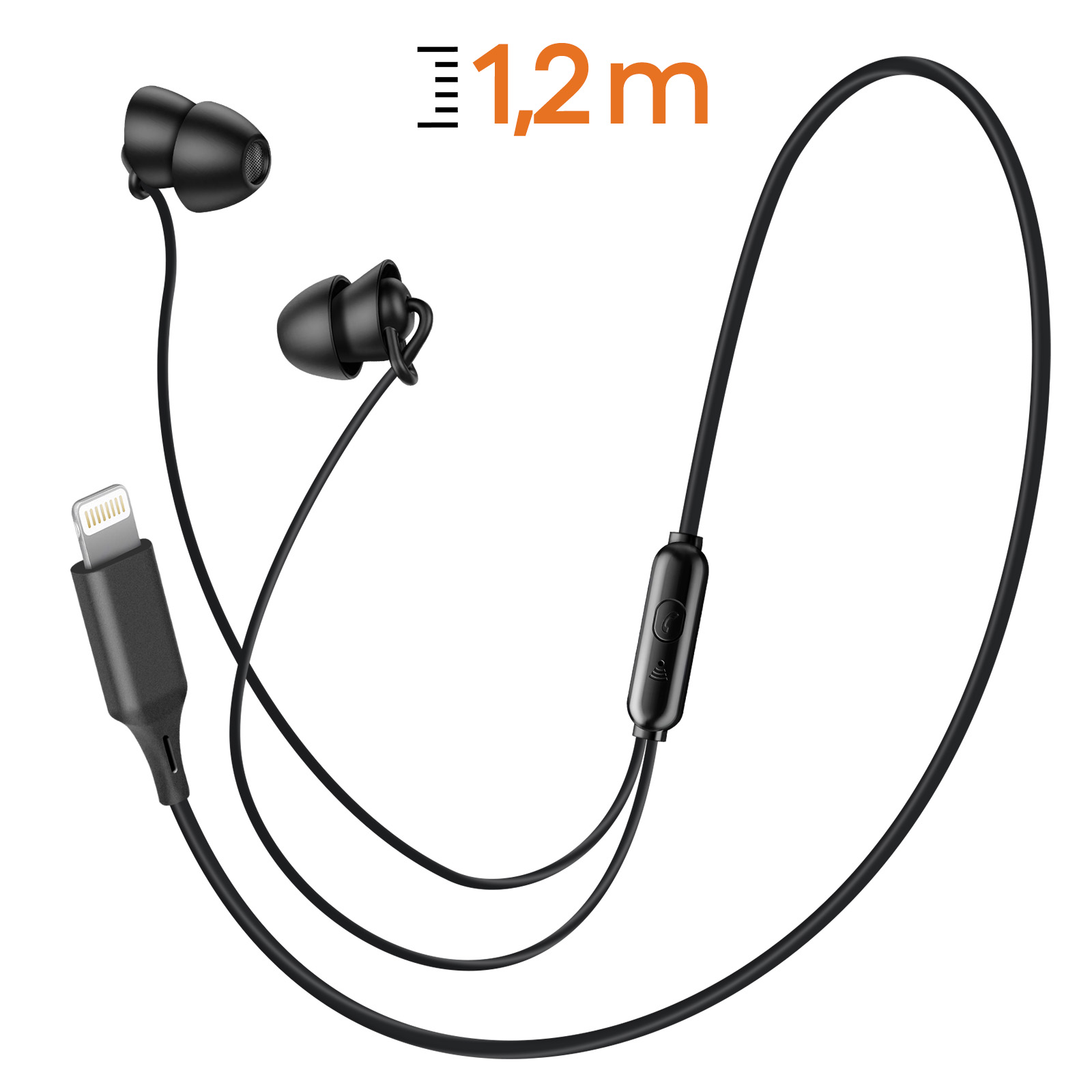 Auricolari neri con connettore Lightning, cavo e testo '1,2m' su sfondo bianco.