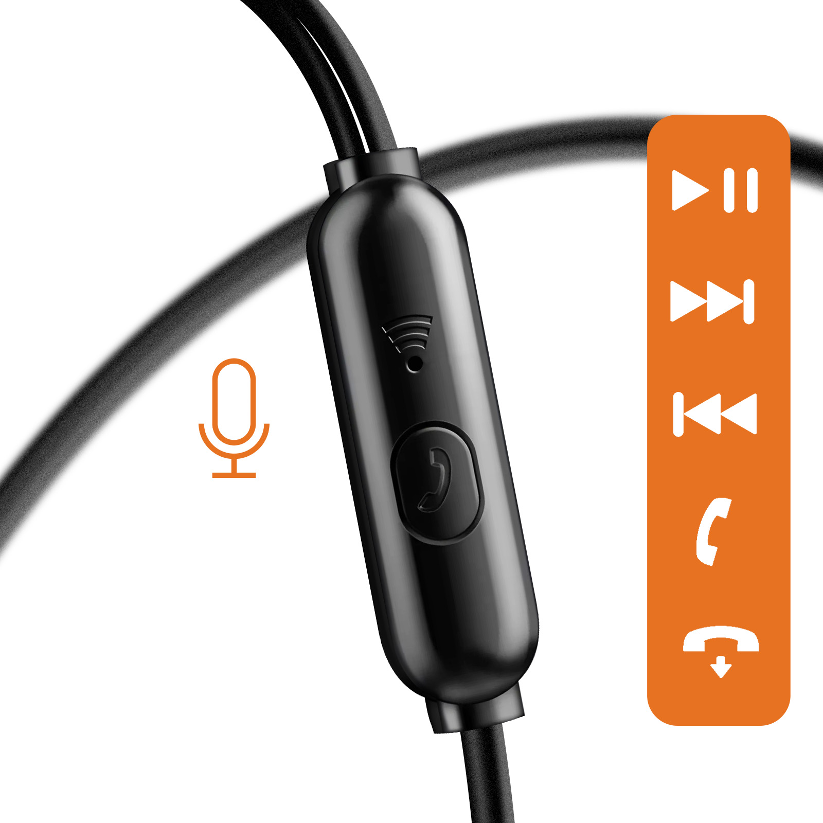 Controllo auricolari nero con pulsanti e simboli su sfondo bianco.
