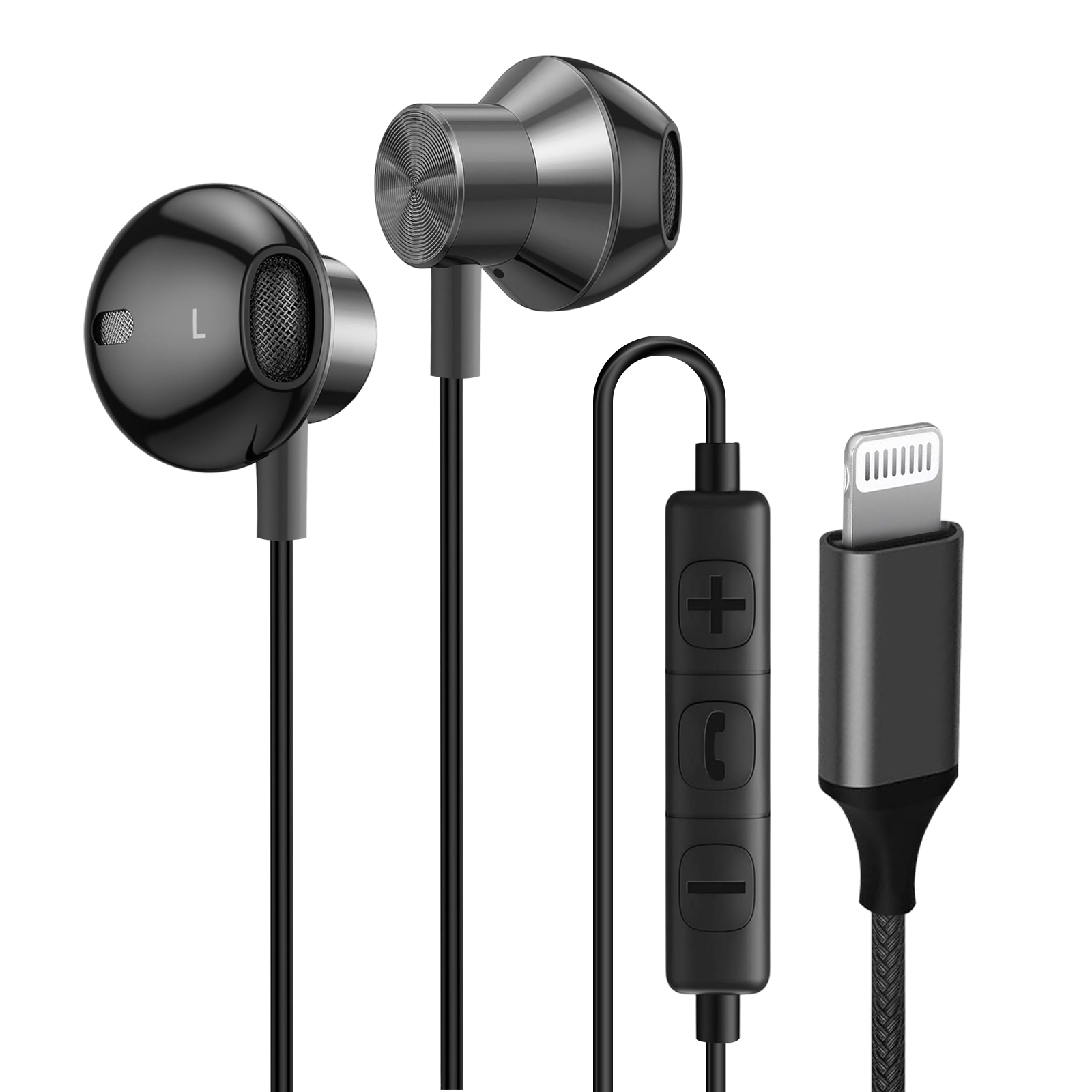 Auricolari neri con connettore Lightning e pulsanti di controllo su sfondo bianco.