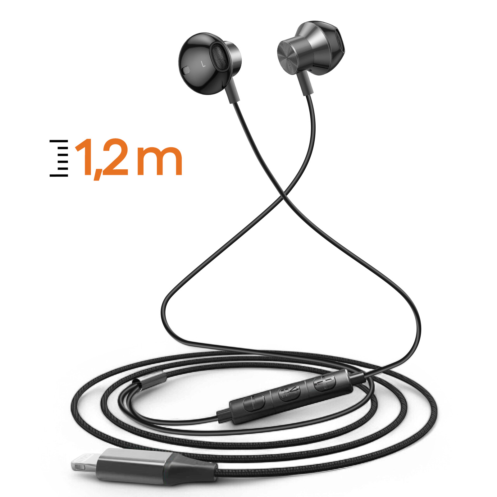 Auricolari neri con connettore USB-C, cavo e testo '1,2m' su sfondo bianco.