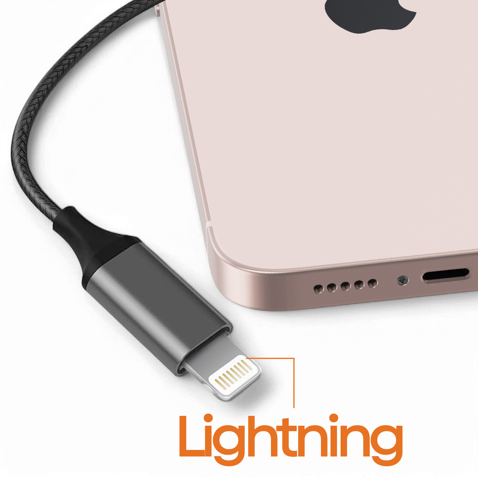 Connettore Lightning sul lato destro di un telefono, con la parola 'Lightning'.