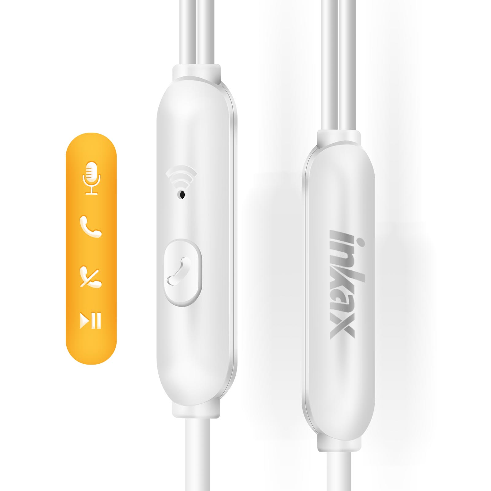 Primo piano del pannello di controllo delle cuffie in-ear bianche con pulsanti e simboli.