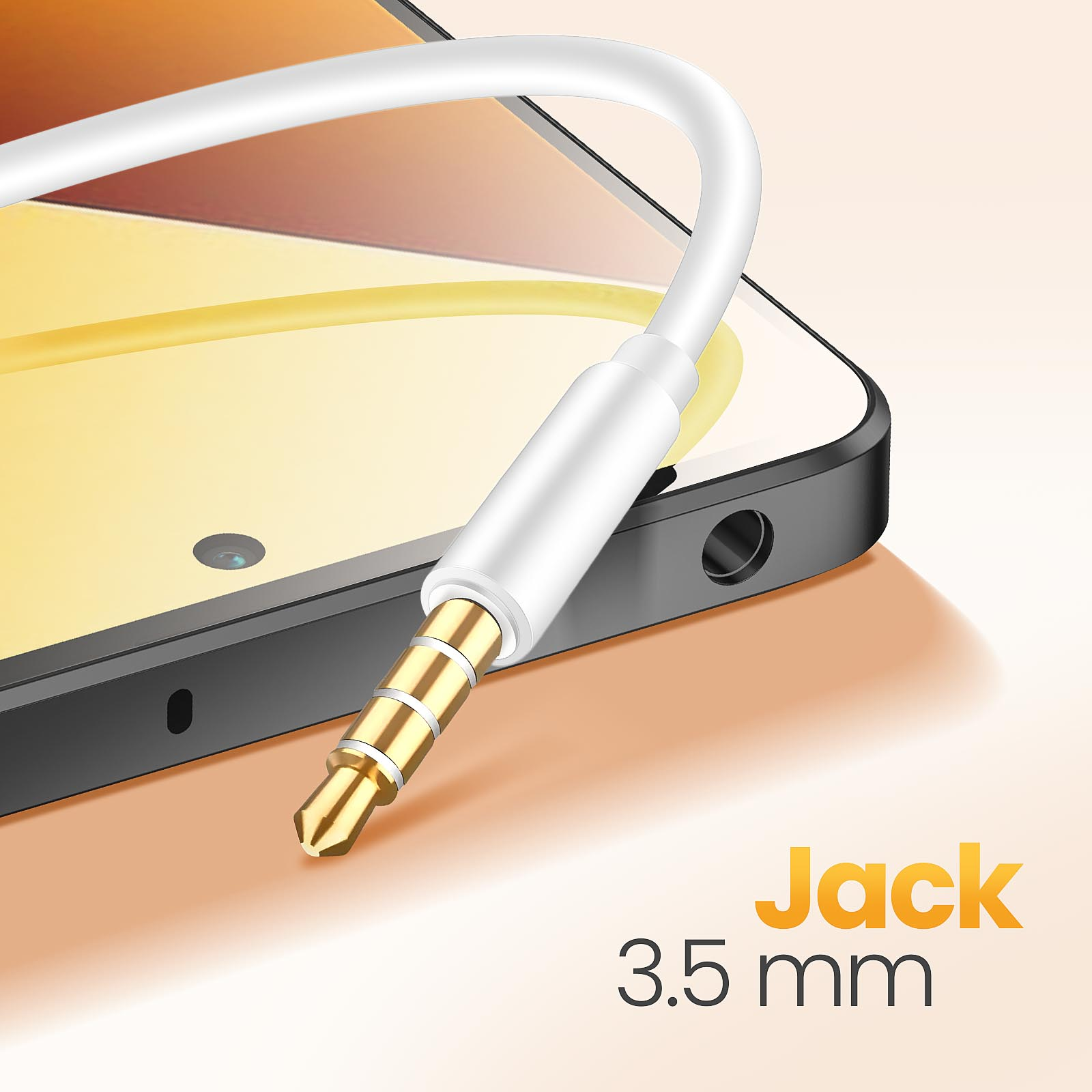 Telefono e cavo bianco con jack da 3,5mm dorato, su sfondo arancione.