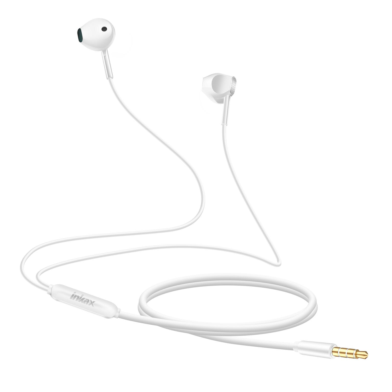 Auricolari Inkax bianchi con jack dorato, su sfondo bianco.
