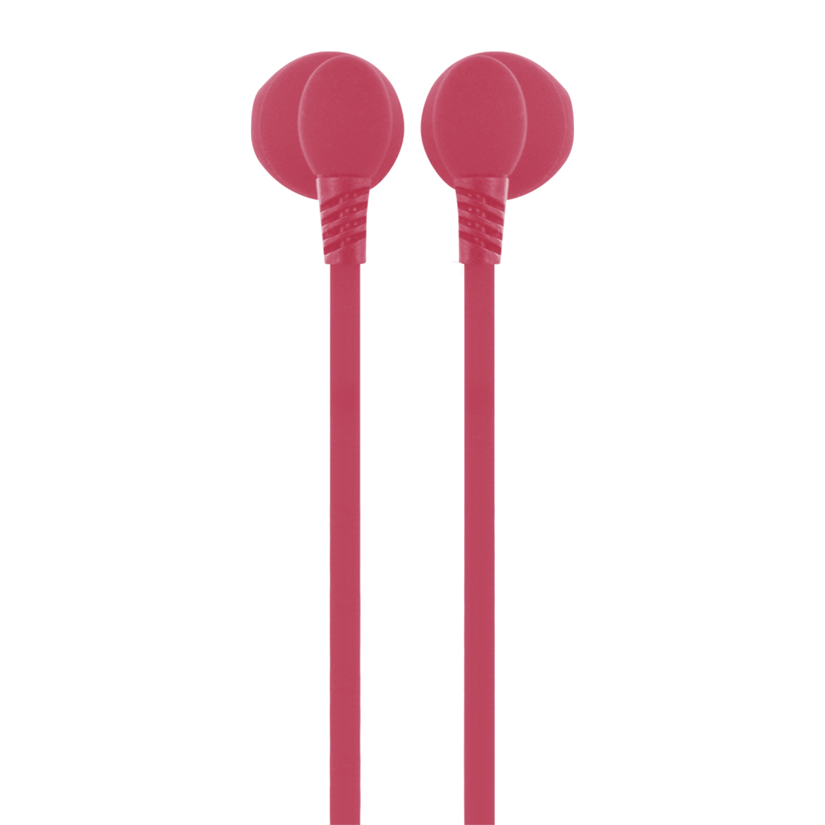 Cuffie in-ear rosse. Due auricolari con un cavo. Il cavo è rosso.