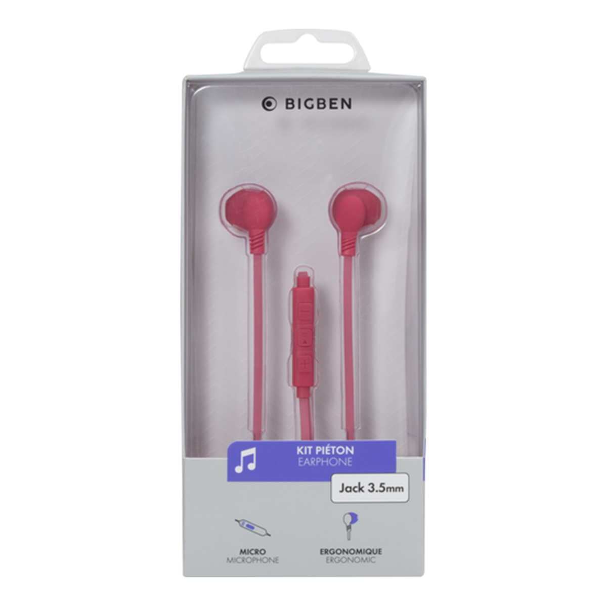Un kit auricolari a marchio Bigben in una scatola trasparente. Gli auricolari sono rossi con jack da 3,5 mm.