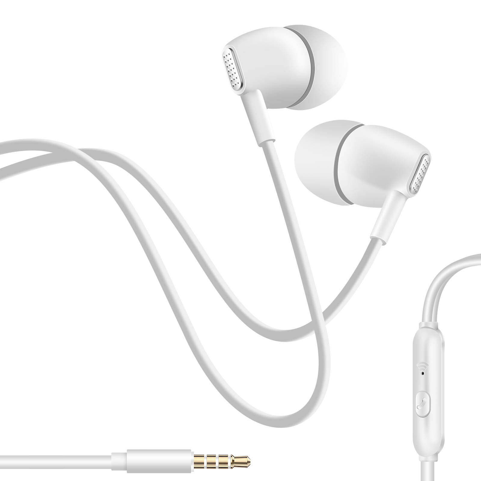 Auricolari bianchi con jack dorato, su sfondo bianco.