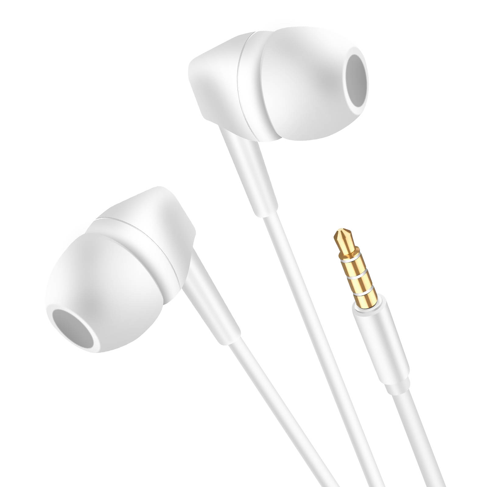 Auricolari bianchi con jack dorato. Gli auricolari sono angolati.