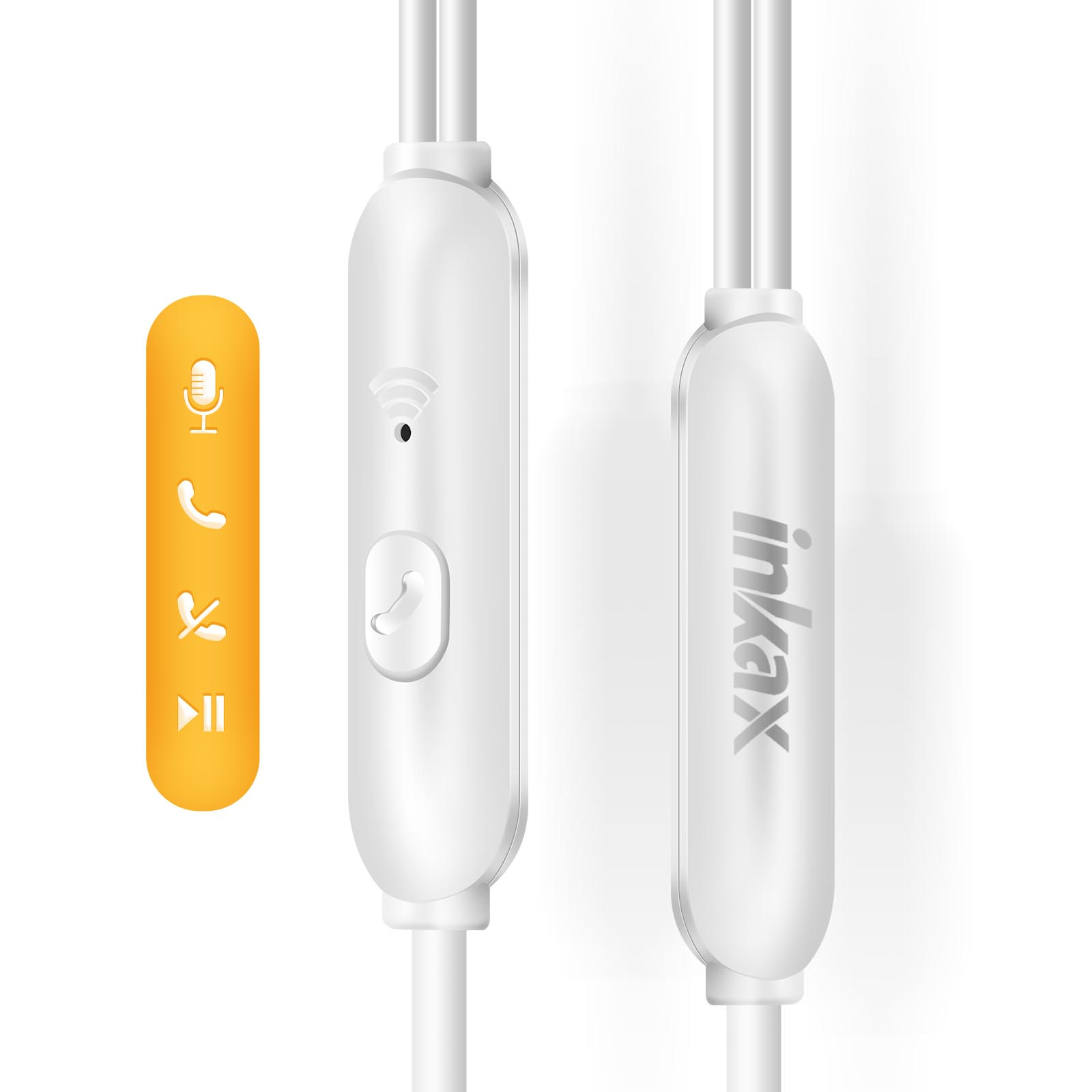 Telecomando in linea bianco con pulsanti funzione e icona microfono.