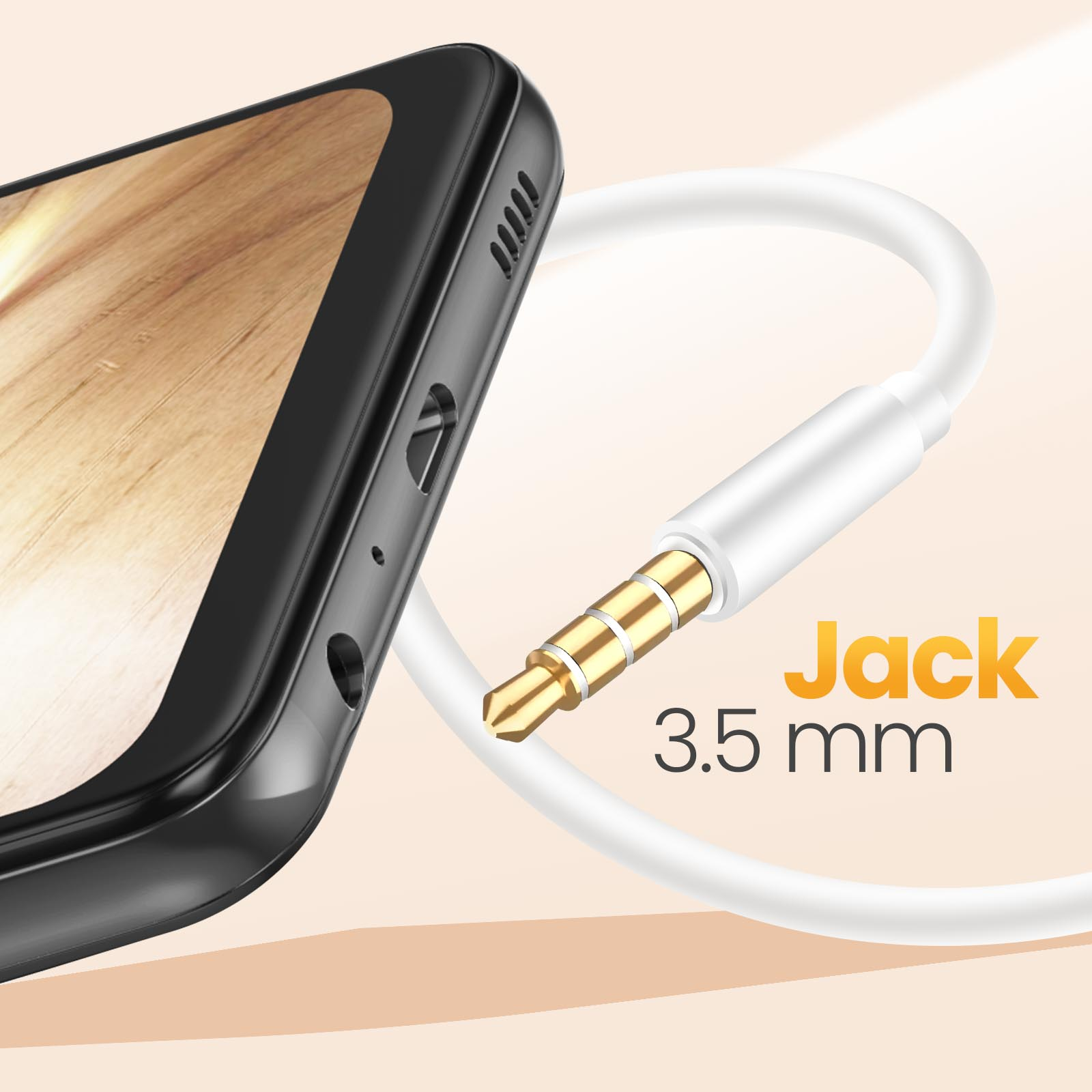 Telefono e cavo bianco con jack da 3,5mm dorato, su sfondo arancione.