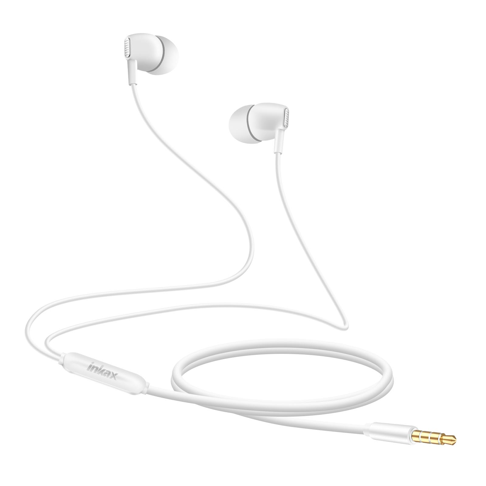 Auricolari Inkax bianchi con cavo bianco e jack dorato. Sfondo bianco.