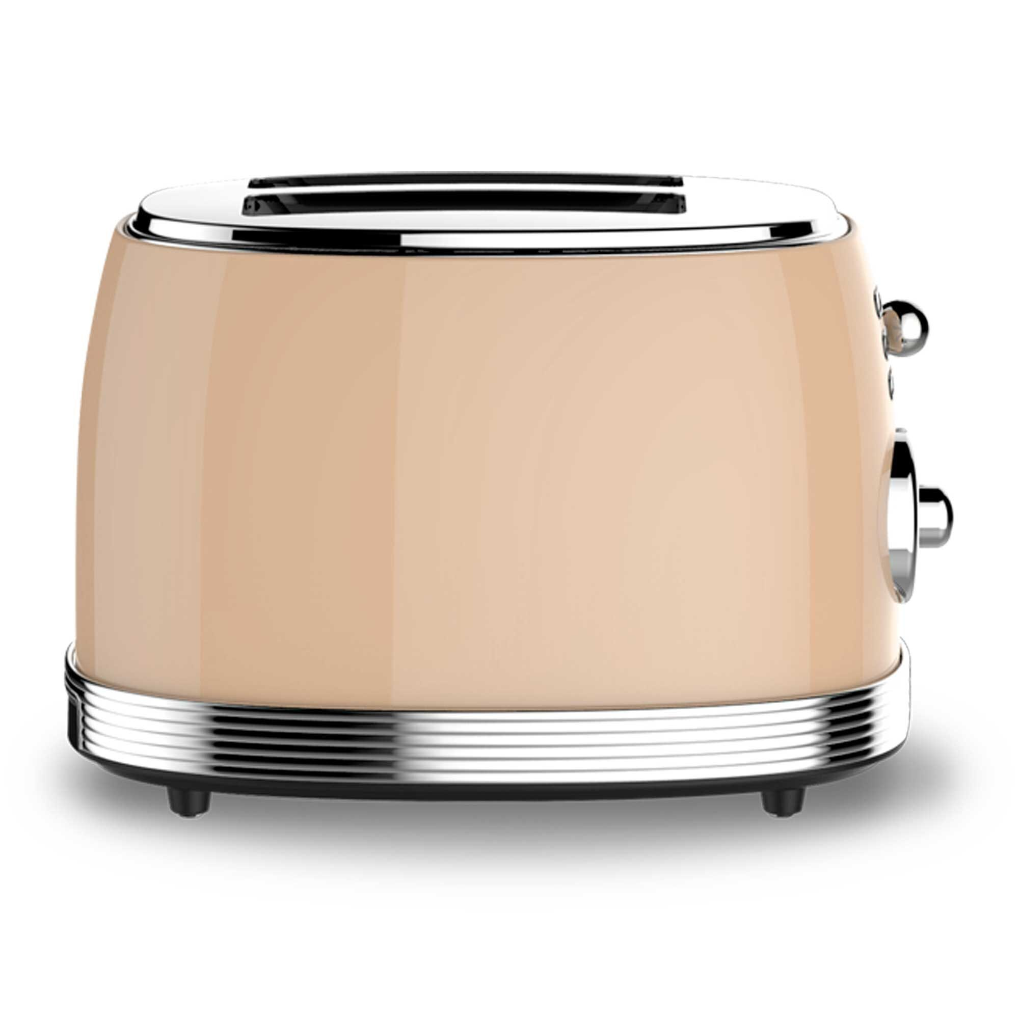 Una tostadora beige con detalles cromados. Presenta un diseño redondeado con controles laterales y una parte superior cromada.