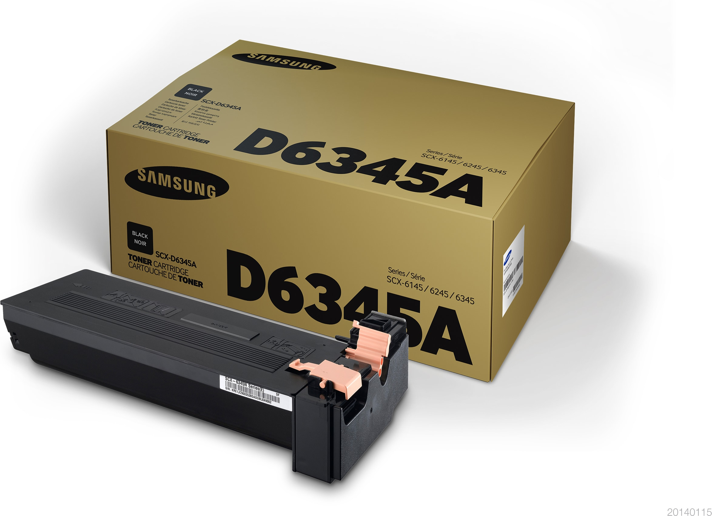 Samsung D6345A Tonerkartusche Box und Kartusche auf weißem Hintergrund.