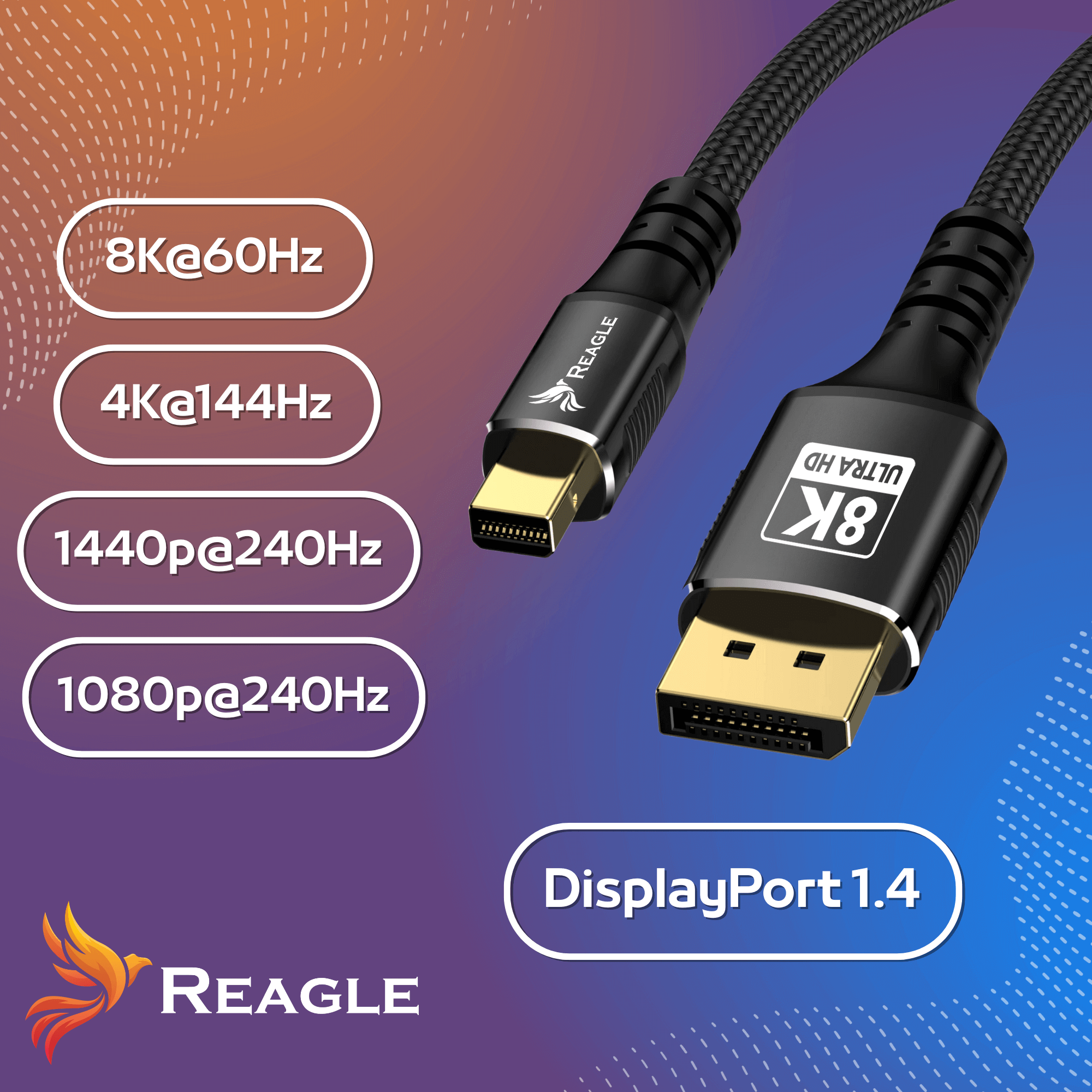 Czarny kabel DisplayPort ze złotymi złączami, logo 8K i Reagle. Etykieta DisplayPort 1.4.