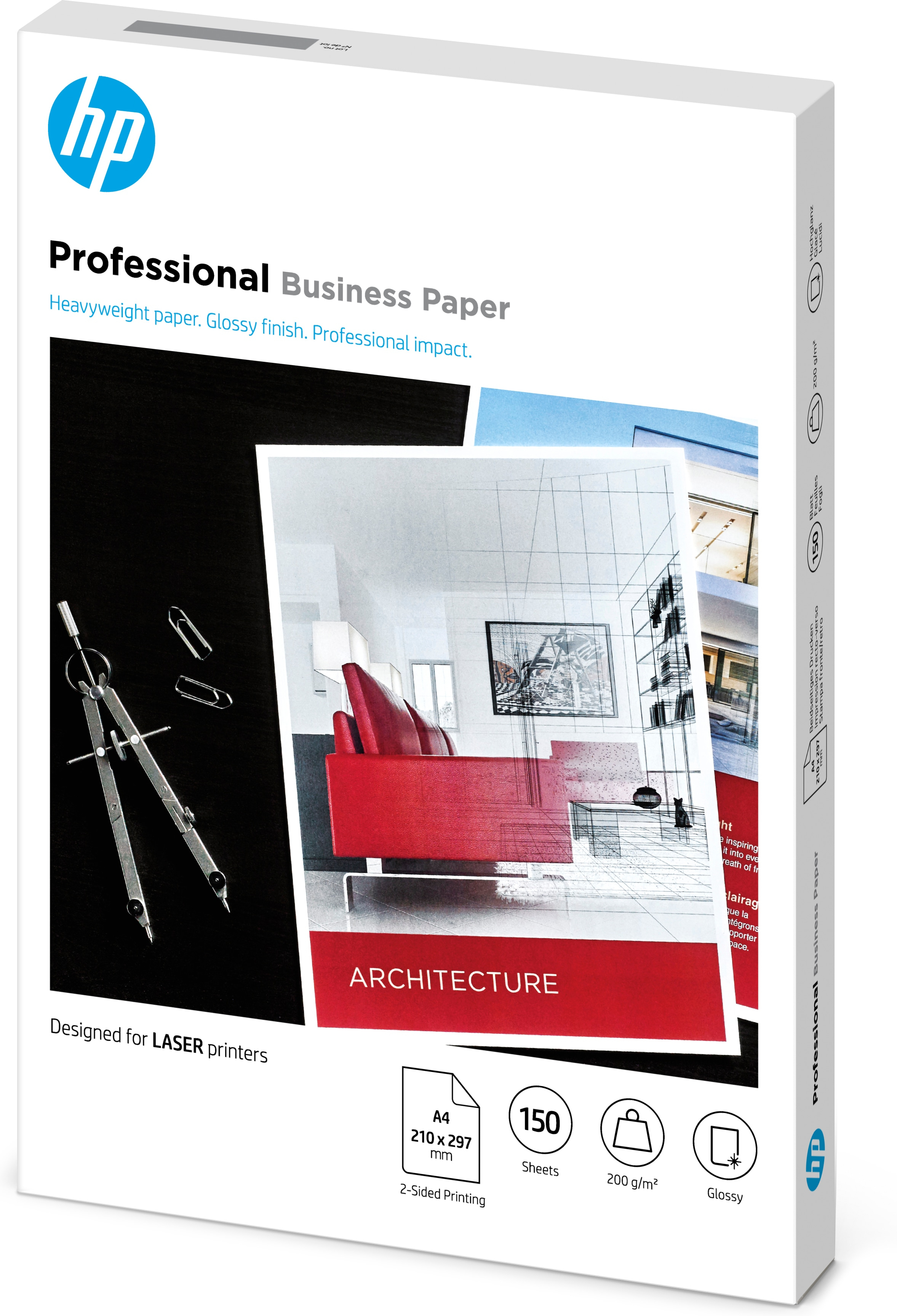 Scatola carta HP Professional Business con strumenti design e architettura.