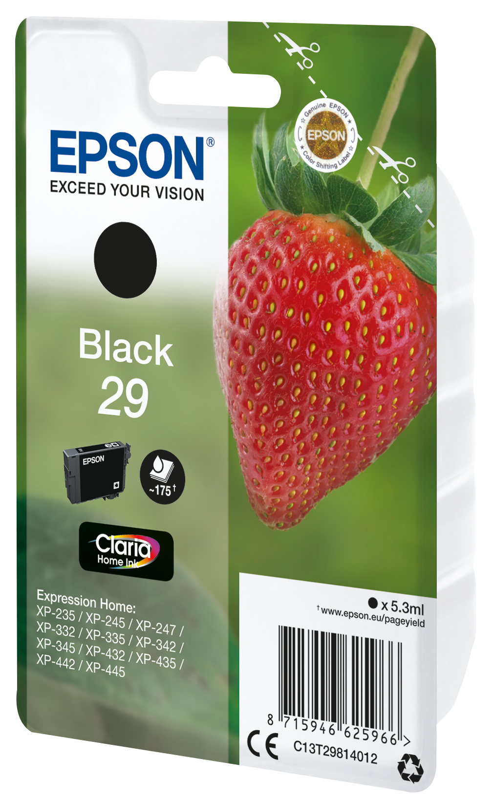 Opakowanie wkładu atramentowego Epson Black 29. Czarny wkład atramentowy jest pokazany obok truskawki.