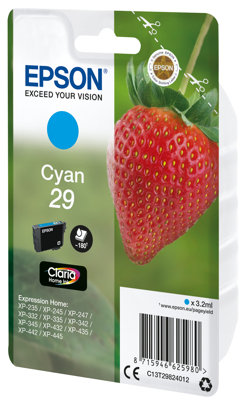 Emballage de cartouche d'encre Epson Cyan 29. Une cartouche cyan est présentée à côté d'une fraise.
