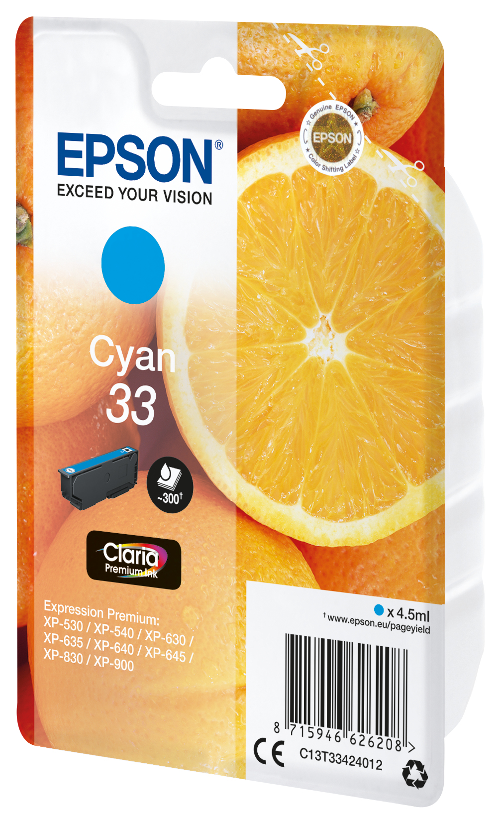 Wkład atramentowy Epson Cyan 33 z tłem z plastrów pomarańczy.
