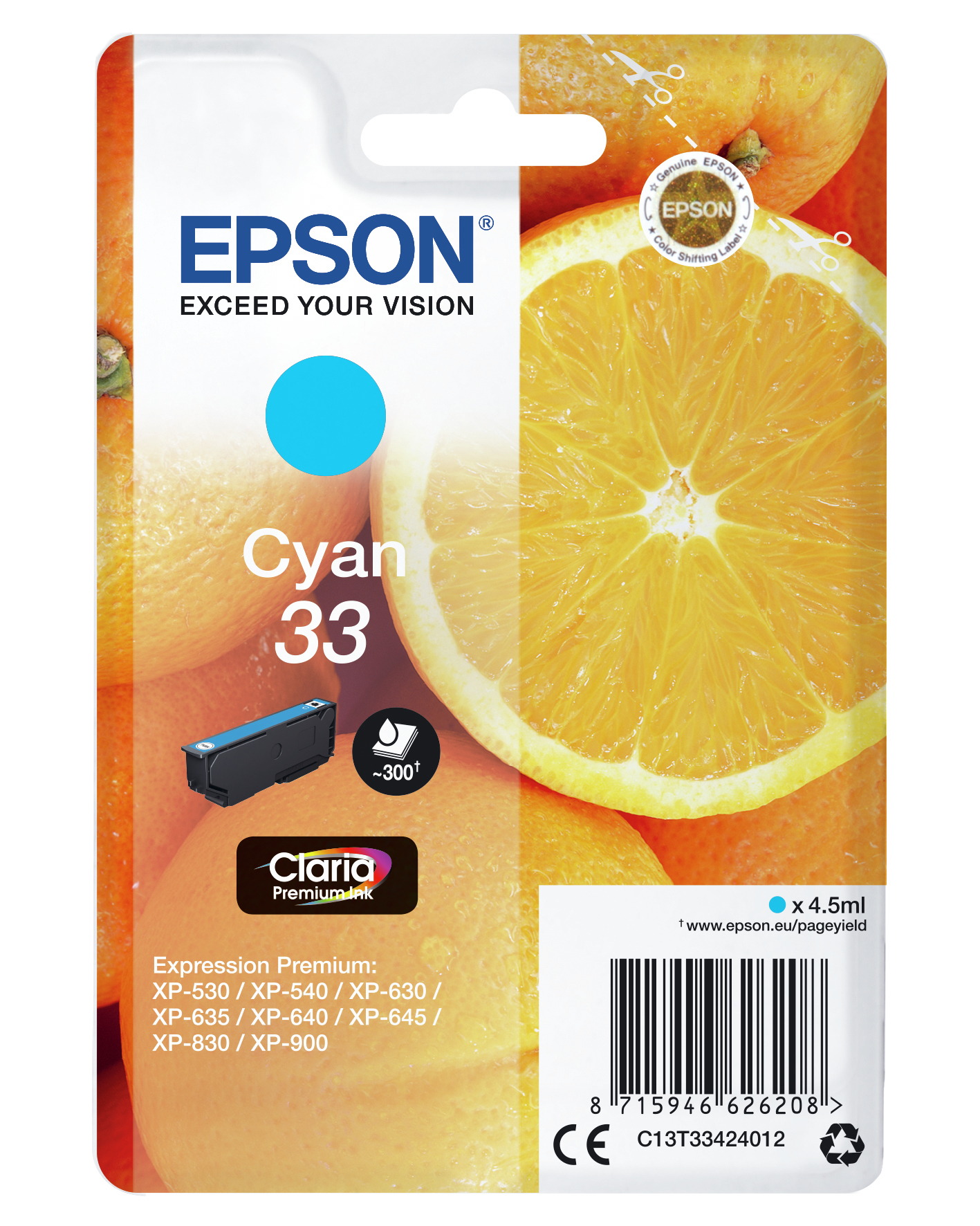 Wkład atramentowy Epson Cyan 33 z tłem z plastrów pomarańczy.
