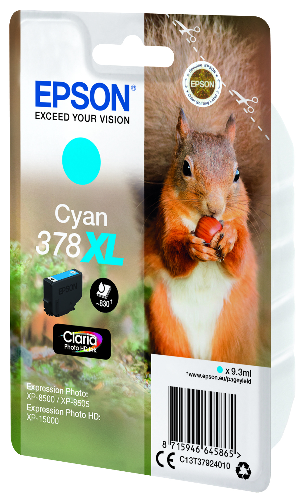 Cartouche d'encre Epson Cyan 378 XL avec image d'écureuil.