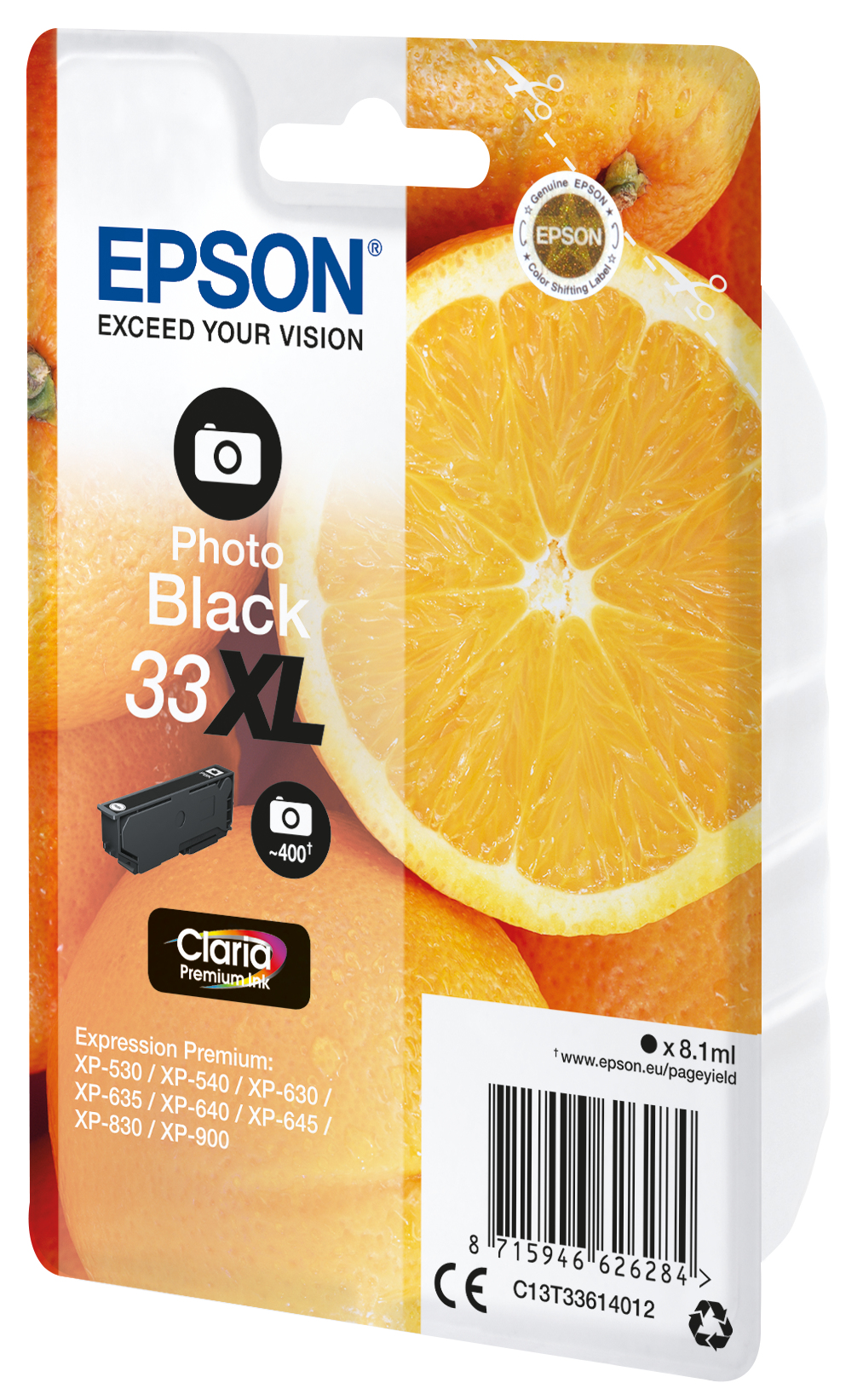 Epson Photo Black 33 XL Tintenpatrone mit Orangenscheiben.