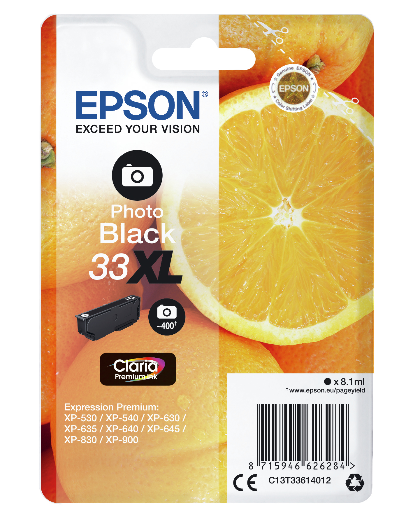 Epson Photo Black 33 XL Tintenpatrone mit Orangenscheiben.