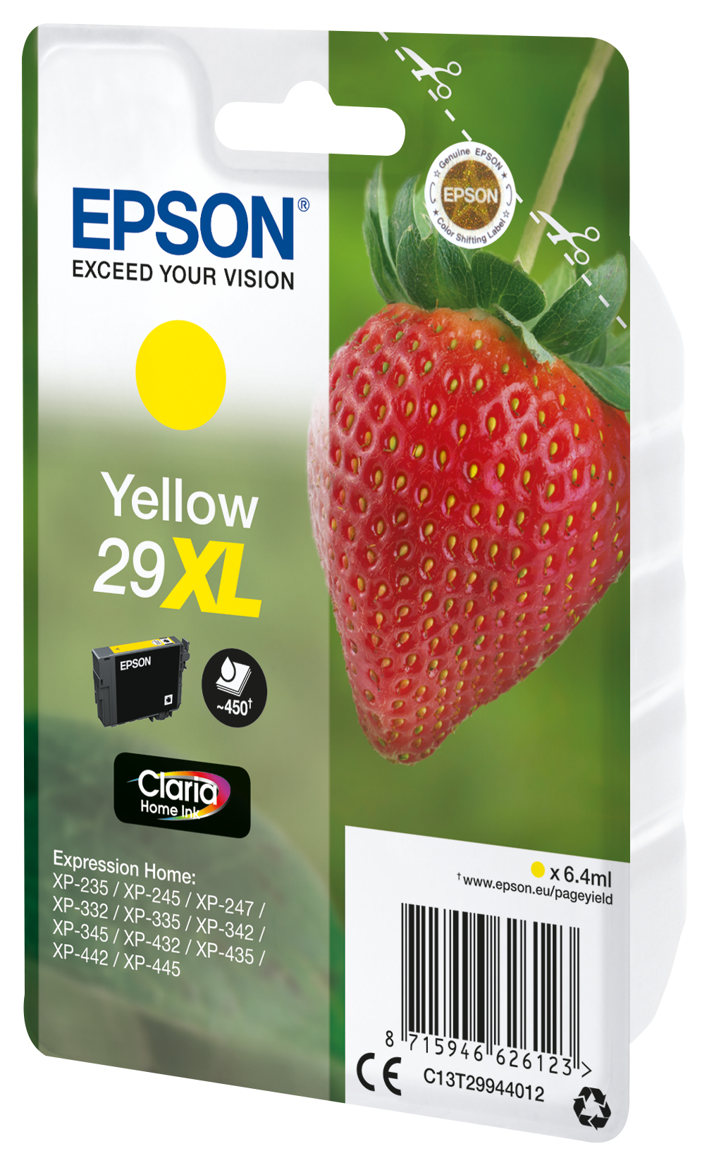Epson Yellow 29 XL inktcartridge met aardbeien achtergrond.